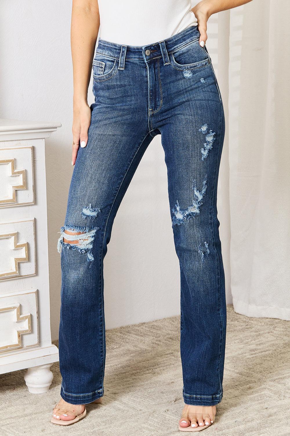 Judy Blue Full Size Mid Rise Hand Sand & Destroy Bootcut Jeans - Blu Lotus Boutique