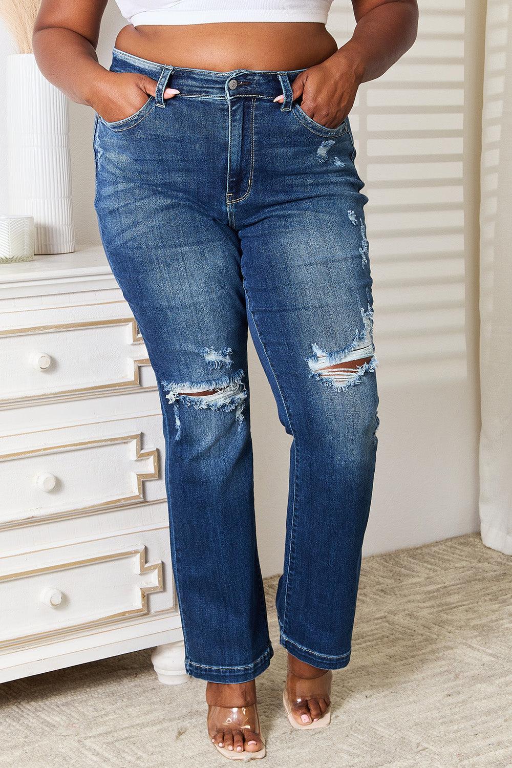 Judy Blue Full Size Mid Rise Hand Sand & Destroy Bootcut Jeans - Blu Lotus Boutique