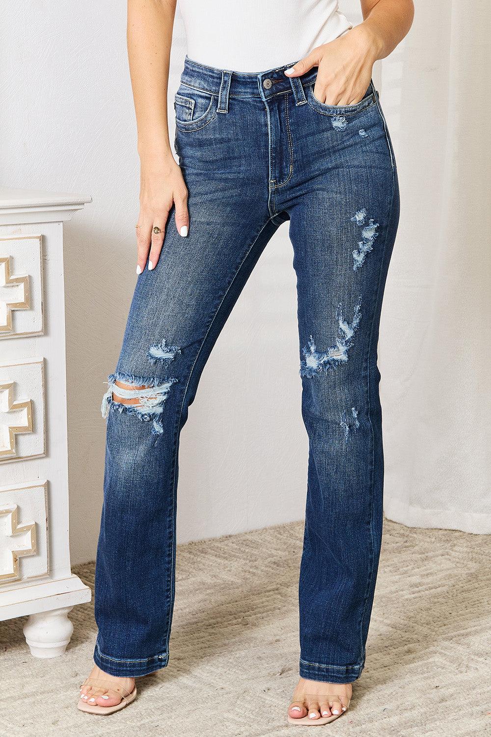 Judy Blue Full Size Mid Rise Hand Sand & Destroy Bootcut Jeans - Blu Lotus Boutique