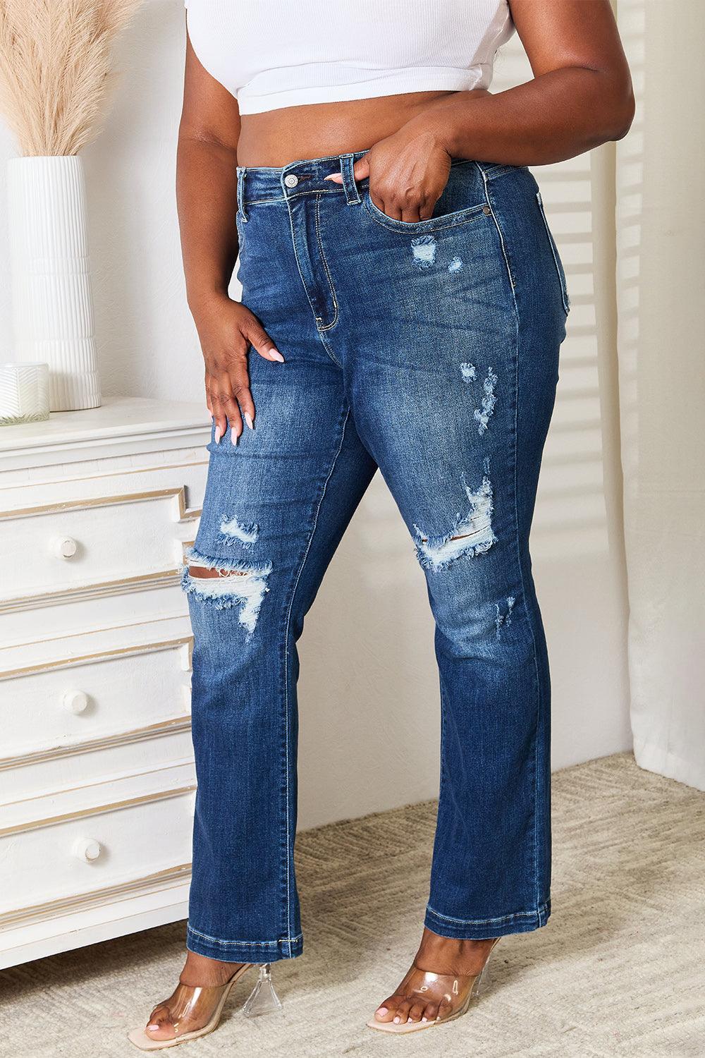 Judy Blue Full Size Mid Rise Hand Sand & Destroy Bootcut Jeans - Blu Lotus Boutique