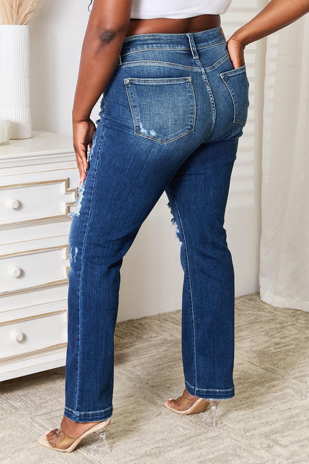 Judy Blue Full Size Mid Rise Hand Sand & Destroy Bootcut Jeans - Blu Lotus Boutique
