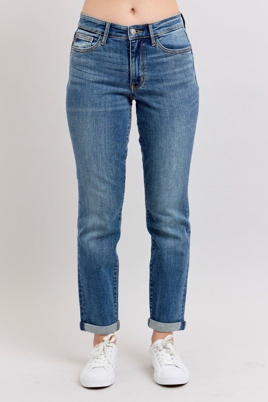 Judy Blue Full Size Mid Rise Skinny Cuff Jeans with Pockets Plus Size - Blu Lotus Boutique