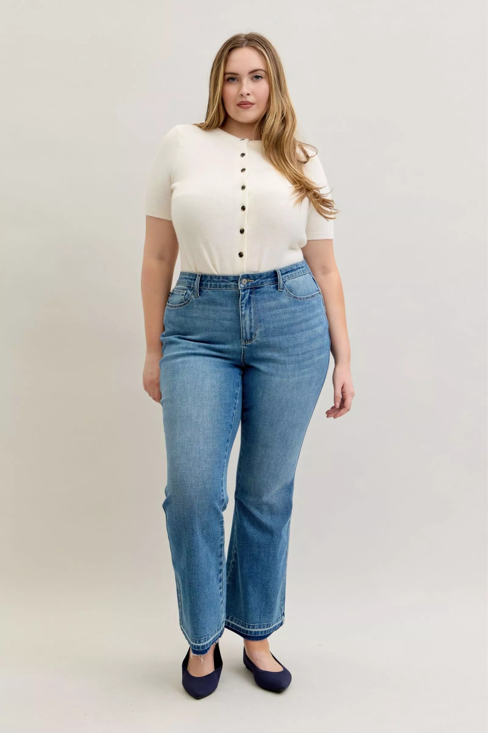 Judy Blue Full Size Mid Rise Slim Bootcut Tummy Control Release Hem Jeans Plus Size - Blu Lotus Boutique
