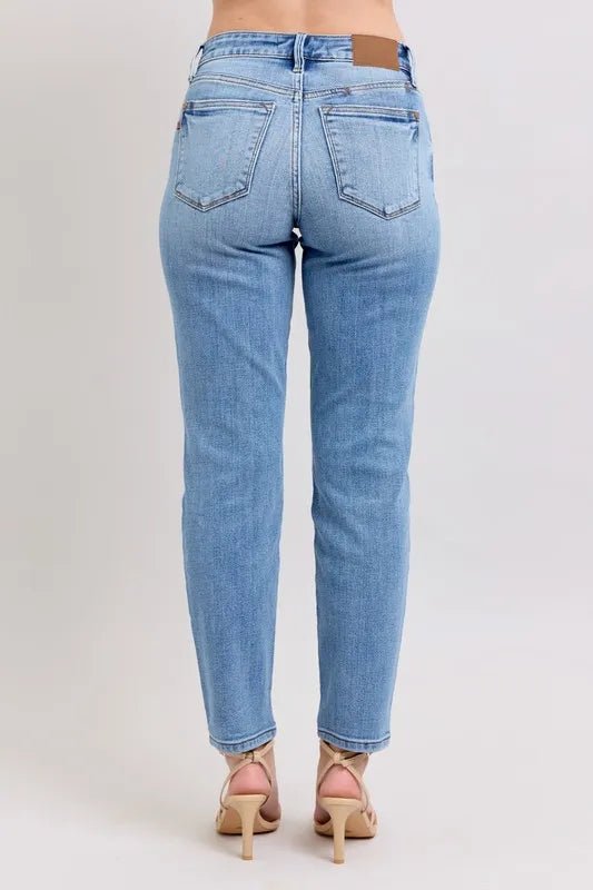 Judy Blue Full Size Mid Rise Vintage Wash Slim Jeans with Cell Phone Pocket Plus Size - Blu Lotus Boutique
