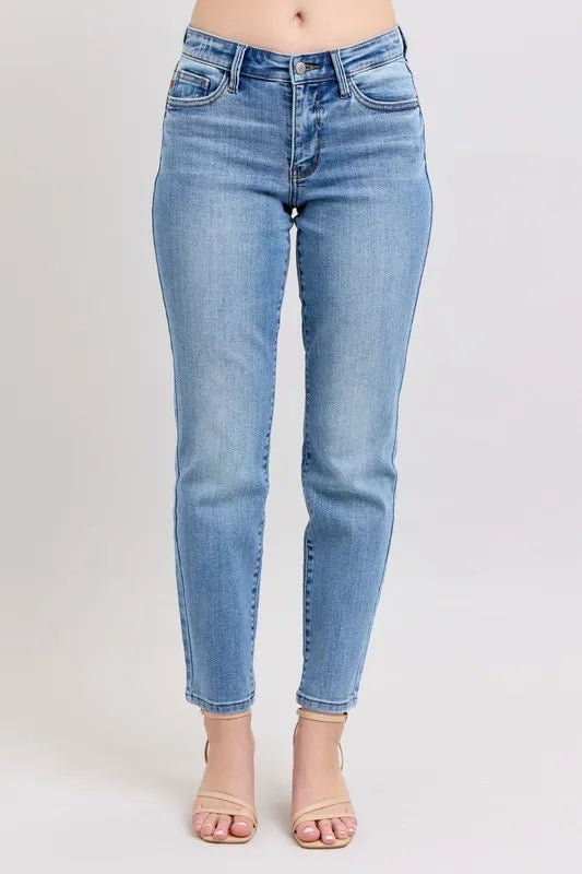 Judy Blue Full Size Mid Rise Vintage Wash Slim Jeans with Cell Phone Pocket Plus Size - Blu Lotus Boutique