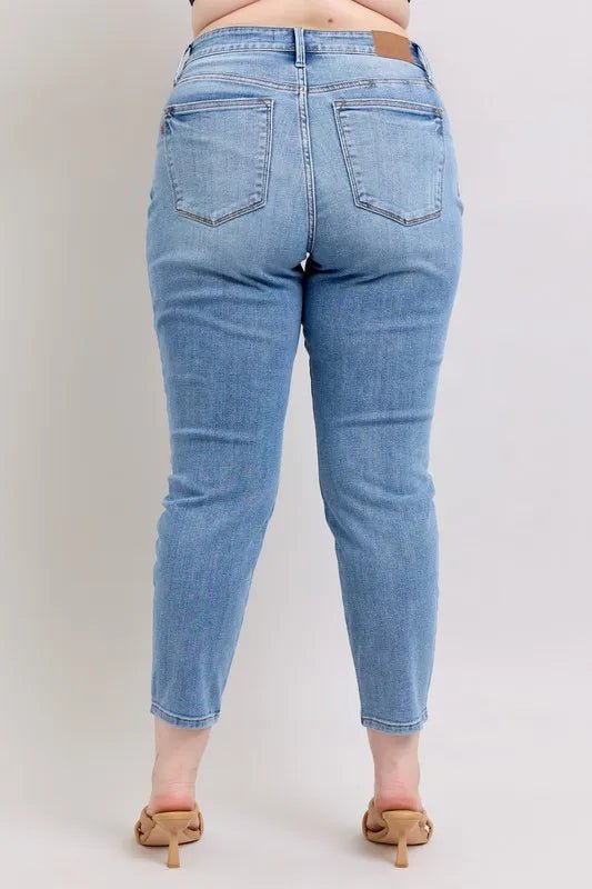 Judy Blue Full Size Mid Rise Vintage Wash Slim Jeans with Cell Phone Pocket Plus Size - Blu Lotus Boutique