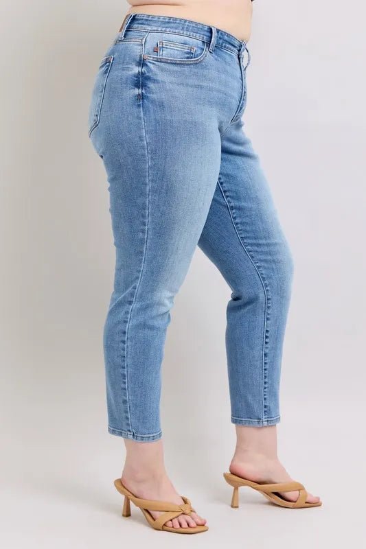 Judy Blue Full Size Mid Rise Vintage Wash Slim Jeans with Cell Phone Pocket Plus Size - Blu Lotus Boutique
