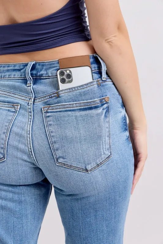 Judy Blue Full Size Mid Rise Vintage Wash Slim Jeans with Cell Phone Pocket Plus Size - Blu Lotus Boutique