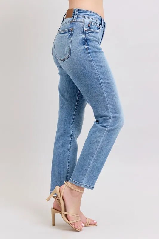 Judy Blue Full Size Mid Rise Vintage Wash Slim Jeans with Cell Phone Pocket Plus Size - Blu Lotus Boutique