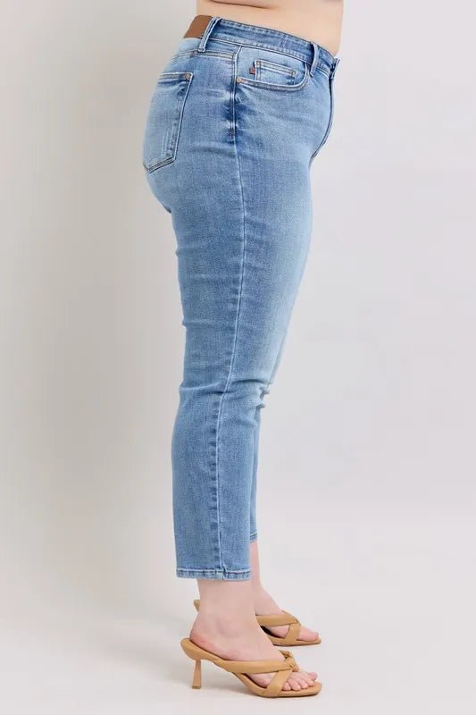 Judy Blue Full Size Mid Rise Vintage Wash Slim Jeans with Cell Phone Pocket Plus Size - Blu Lotus Boutique