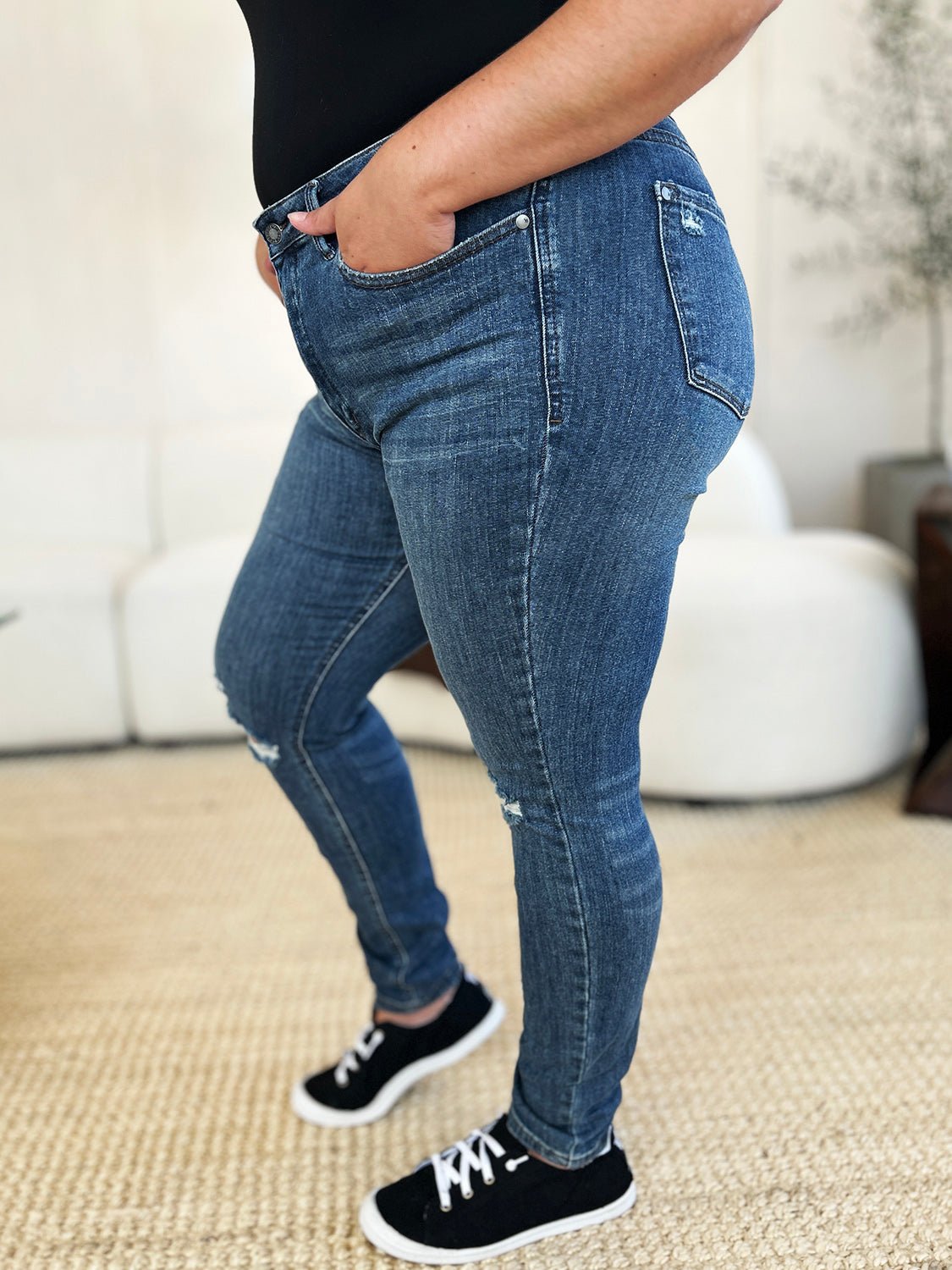 Judy Blue Full Size Mid Waist Distressed Slim Jeans - Blu Lotus Boutique