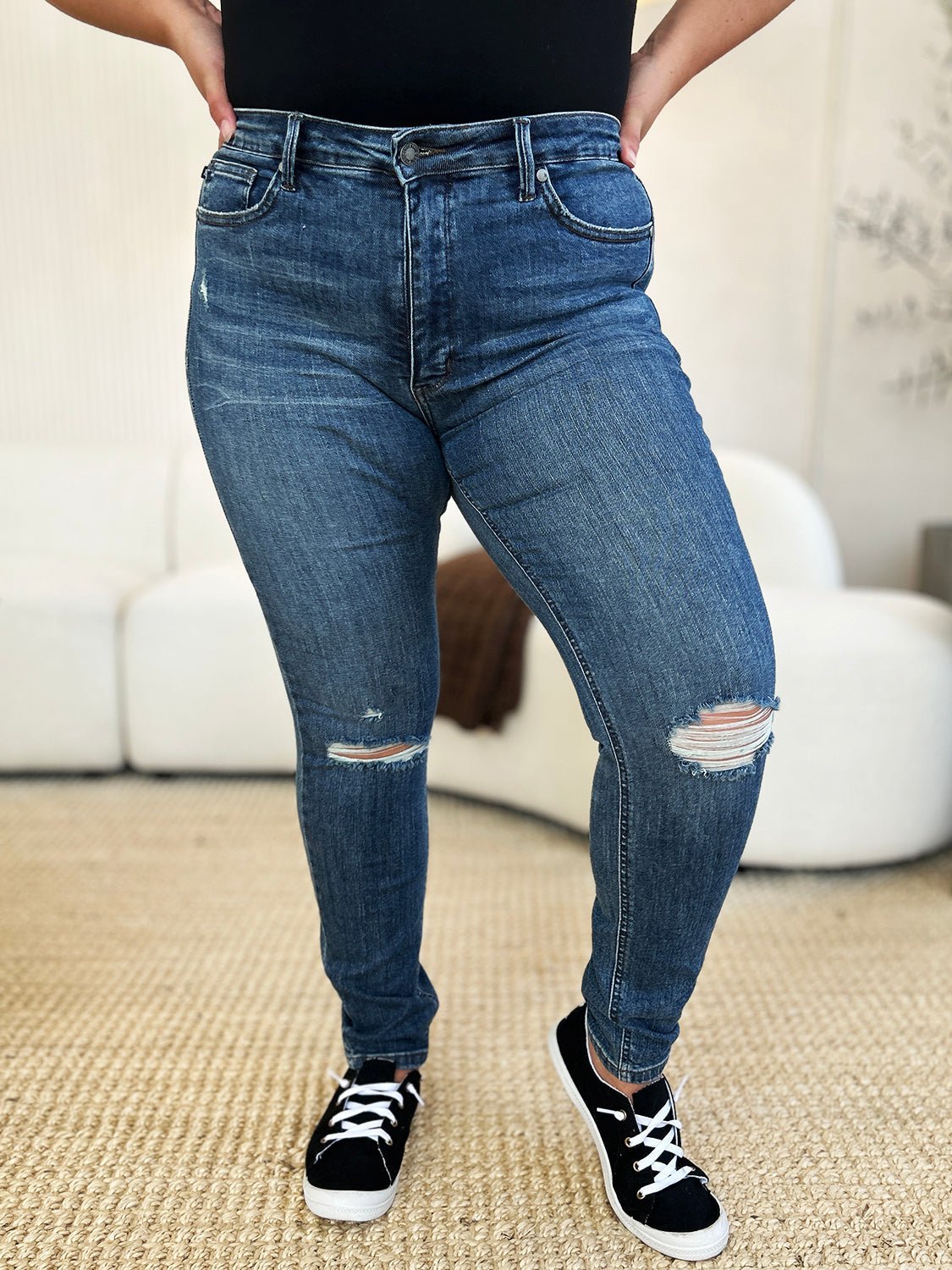 Judy Blue Full Size Mid Waist Distressed Slim Jeans - Blu Lotus Boutique