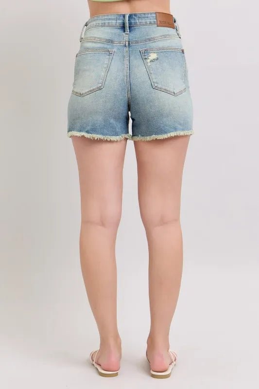 Judy Blue High Rise Washed Fly Stitch Detail and Destroy Denim Shorts - Blu Lotus Boutique