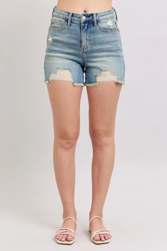 Judy Blue High Rise Washed Fly Stitch Detail and Destroy Denim Shorts - Blu Lotus Boutique