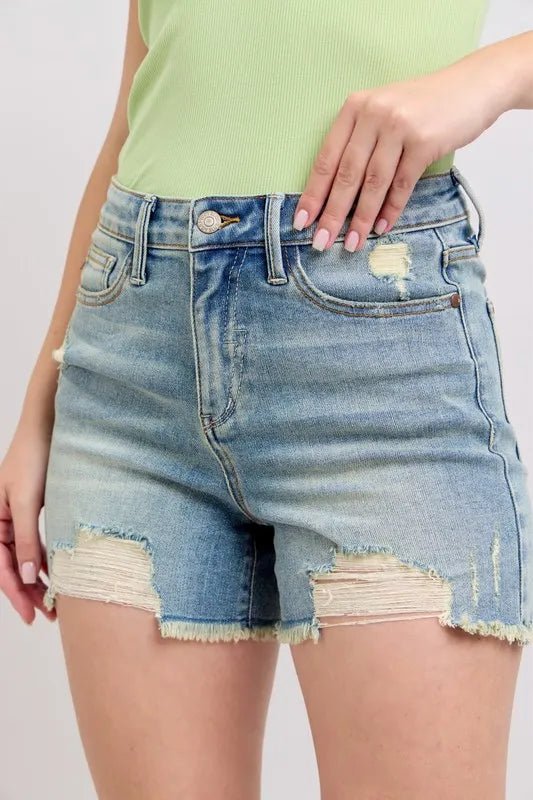 Judy Blue High Rise Washed Fly Stitch Detail and Destroy Denim Shorts - Blu Lotus Boutique