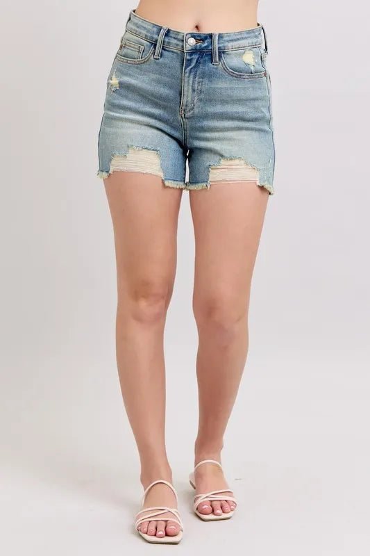 Judy Blue High Rise Washed Fly Stitch Detail and Destroy Denim Shorts - Blu Lotus Boutique
