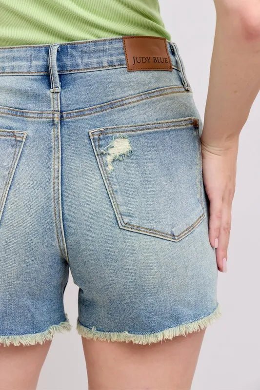 Judy Blue High Rise Washed Fly Stitch Detail and Destroy Denim Shorts - Blu Lotus Boutique