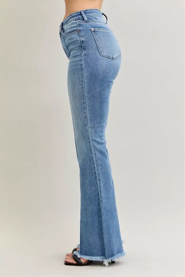 Judy Blue High Waist Flare Fray Hem Jeans with Front Pintuck Detail - Blu Lotus Boutique