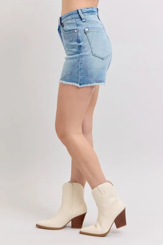 Judy Blue High Waist Western Embroidery Detail Cut Off Denim Shorts - Blu Lotus Boutique
