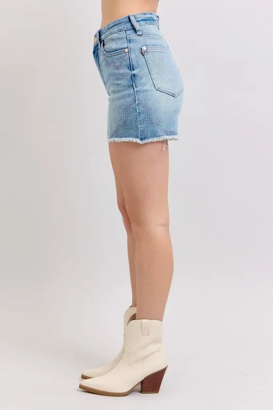 Judy Blue High Waist Western Embroidery Detail Cut Off Denim Shorts - Blu Lotus Boutique