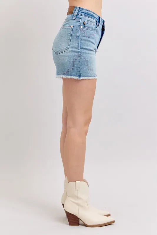 Judy Blue High Waist Western Embroidery Detail Cut Off Denim Shorts - Blu Lotus Boutique