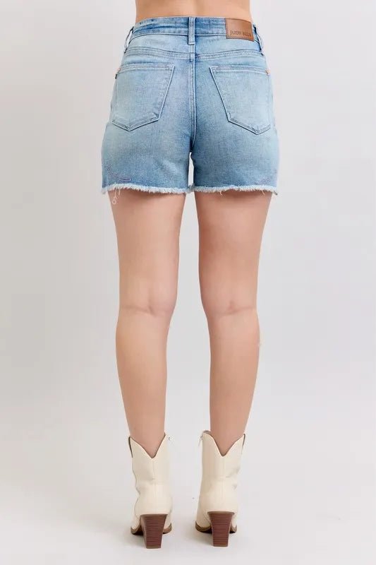 Judy Blue High Waist Western Embroidery Detail Cut Off Denim Shorts - Blu Lotus Boutique