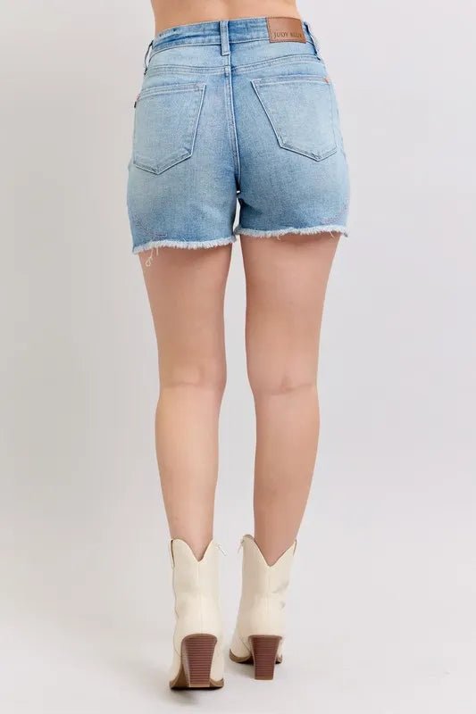 Judy Blue High Waist Western Embroidery Detail Cut Off Denim Shorts - Blu Lotus Boutique