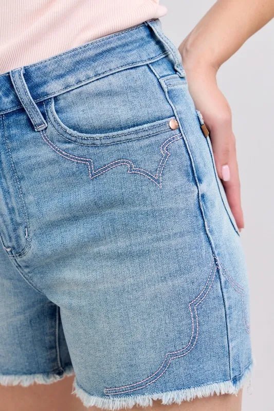 Judy Blue High Waist Western Embroidery Detail Cut Off Denim Shorts - Blu Lotus Boutique