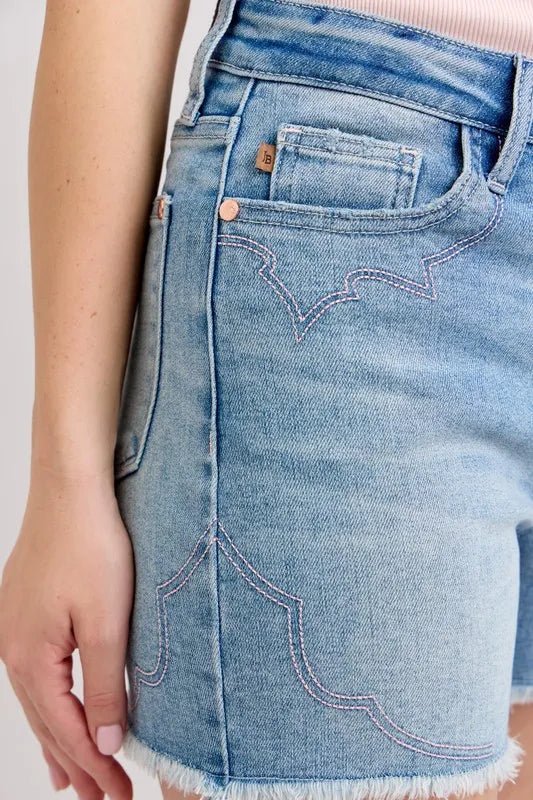Judy Blue High Waist Western Embroidery Detail Cut Off Denim Shorts - Blu Lotus Boutique