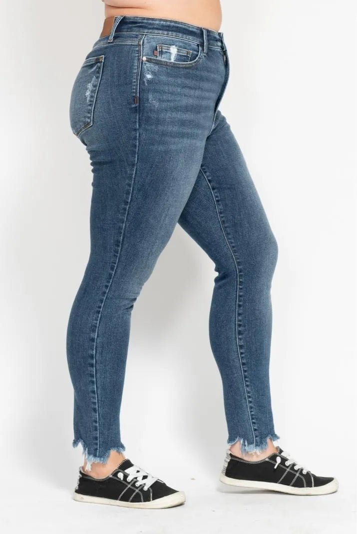 Judy Blue Plus Size High Waist Skinny with Destroy & Shark Bit Hem - Blu Lotus Boutique