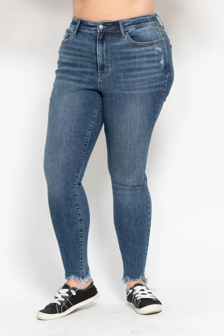 Judy Blue Plus Size High Waist Skinny with Destroy & Shark Bit Hem - Blu Lotus Boutique