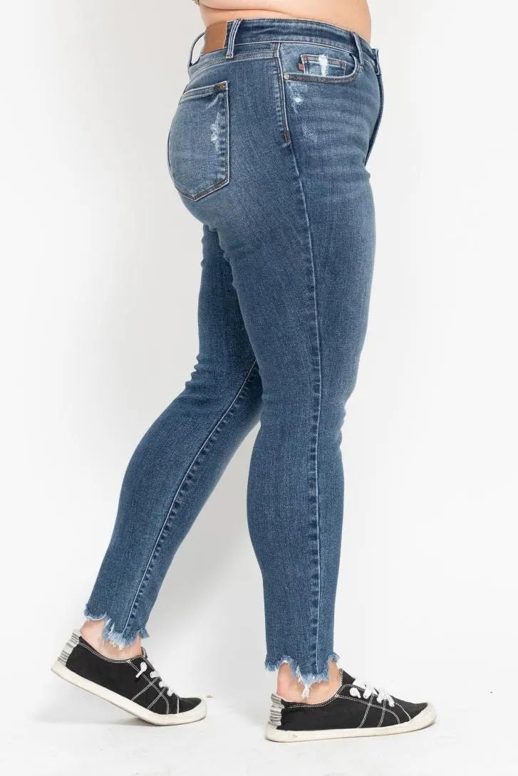 Judy Blue Plus Size High Waist Skinny with Destroy & Shark Bit Hem - Blu Lotus Boutique
