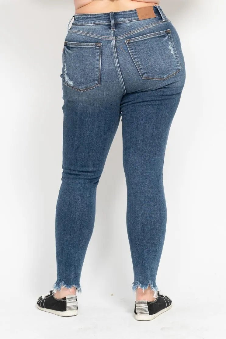 Judy Blue Plus Size High Waist Skinny with Destroy & Shark Bit Hem - Blu Lotus Boutique