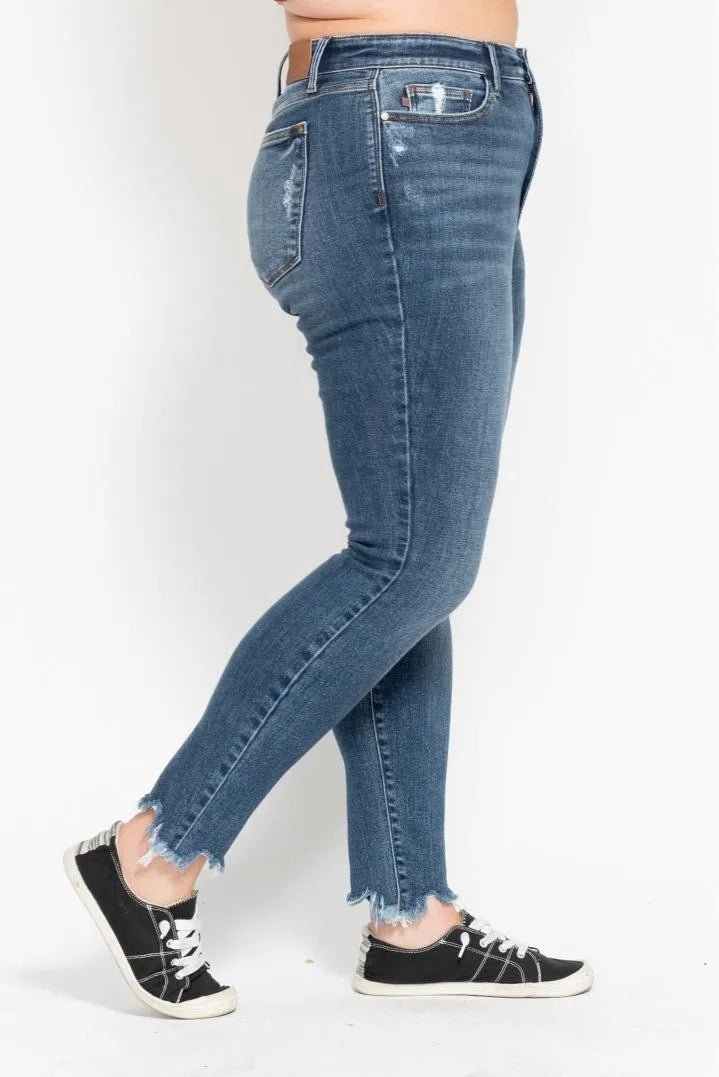 Judy Blue Plus Size High Waist Skinny with Destroy & Shark Bit Hem - Blu Lotus Boutique