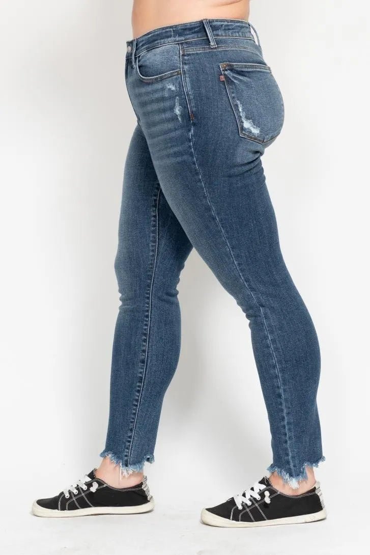 Judy Blue Plus Size High Waist Skinny with Destroy & Shark Bit Hem - Blu Lotus Boutique