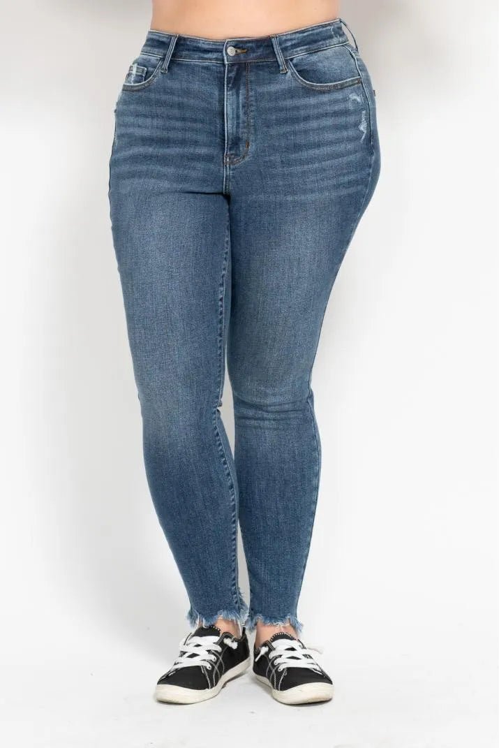Judy Blue Plus Size High Waist Skinny with Destroy & Shark Bit Hem - Blu Lotus Boutique