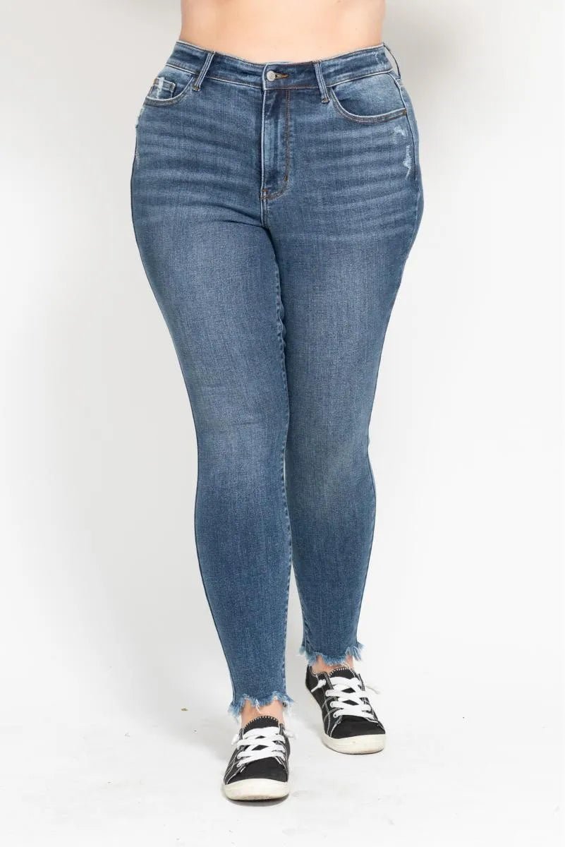 Judy Blue Plus Size High Waist Skinny with Destroy & Shark Bit Hem - Blu Lotus Boutique