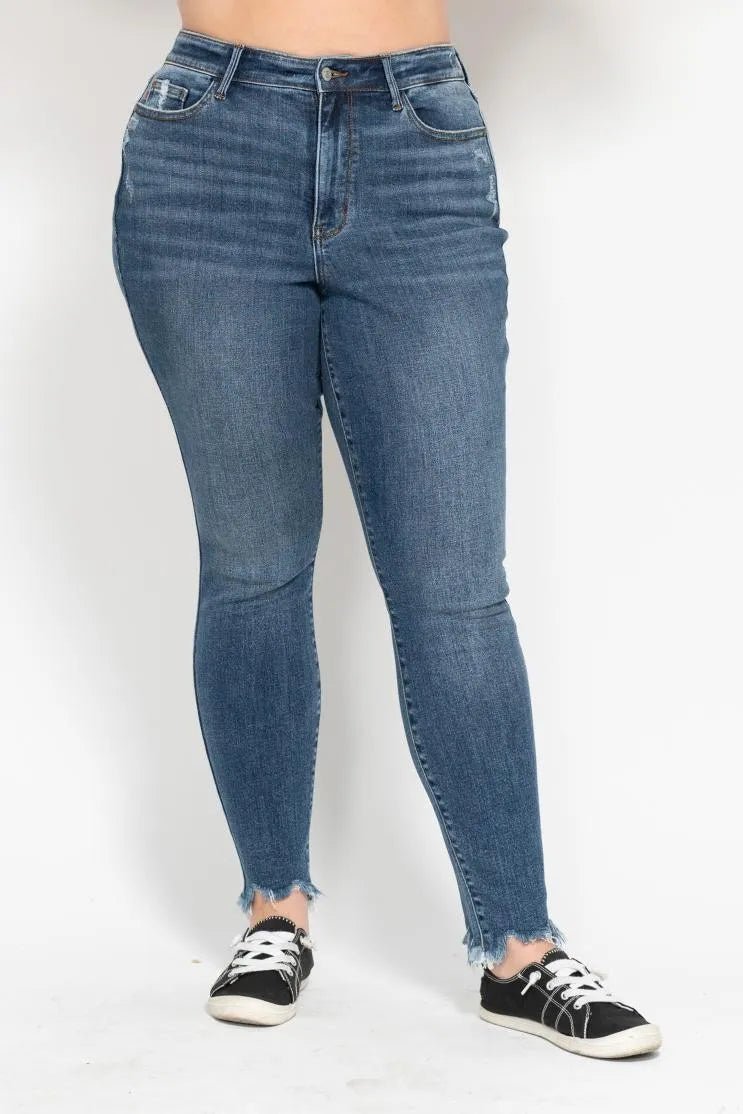 Judy Blue Plus Size High Waist Skinny with Destroy & Shark Bit Hem - Blu Lotus Boutique