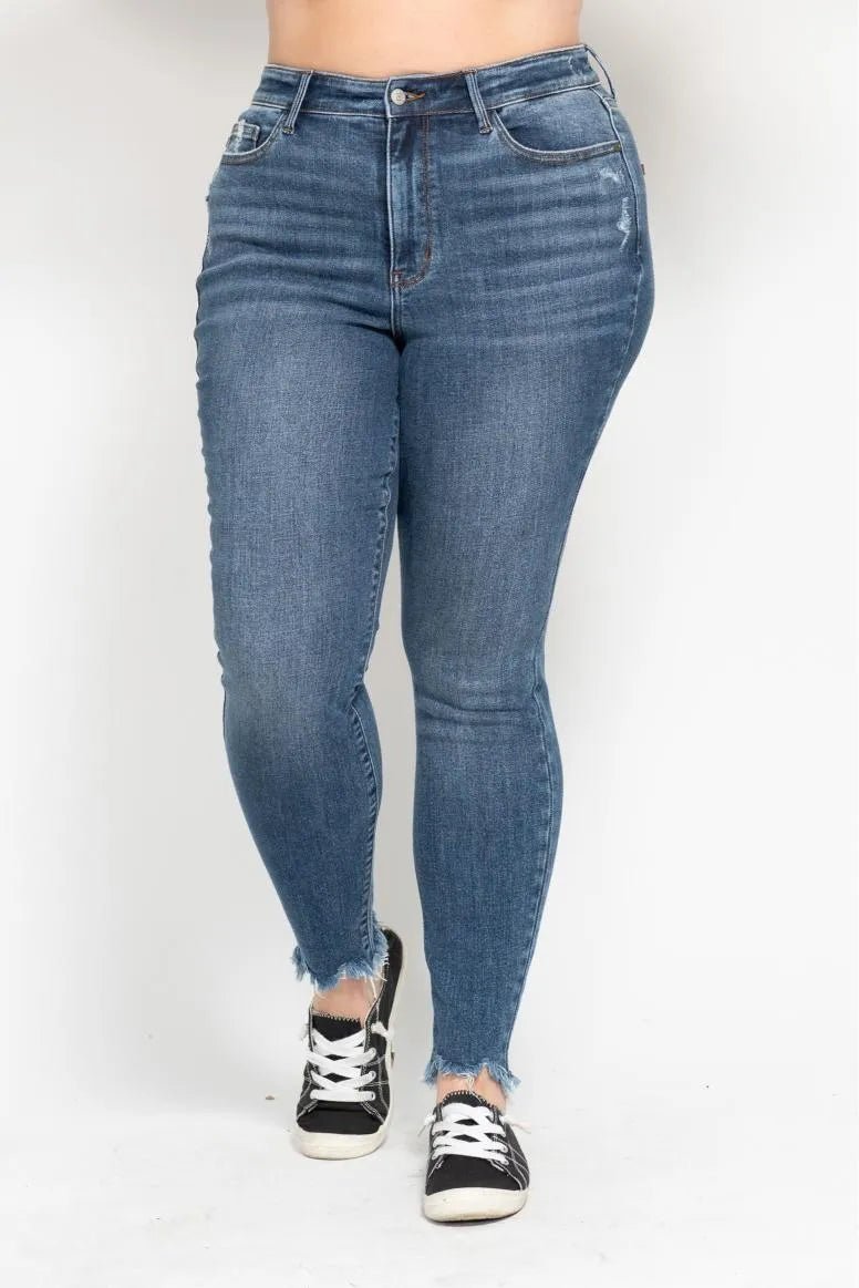 Judy Blue Plus Size High Waist Skinny with Destroy & Shark Bit Hem - Blu Lotus Boutique