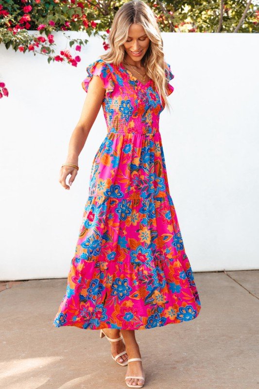 Kamari Boho Floral V Neck Ruffle Tiered Long Dress - Blu Lotus Boutique