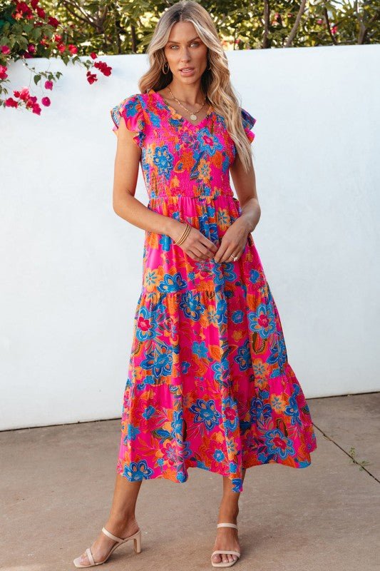 Kamari Boho Floral V Neck Ruffle Tiered Long Dress - Blu Lotus Boutique