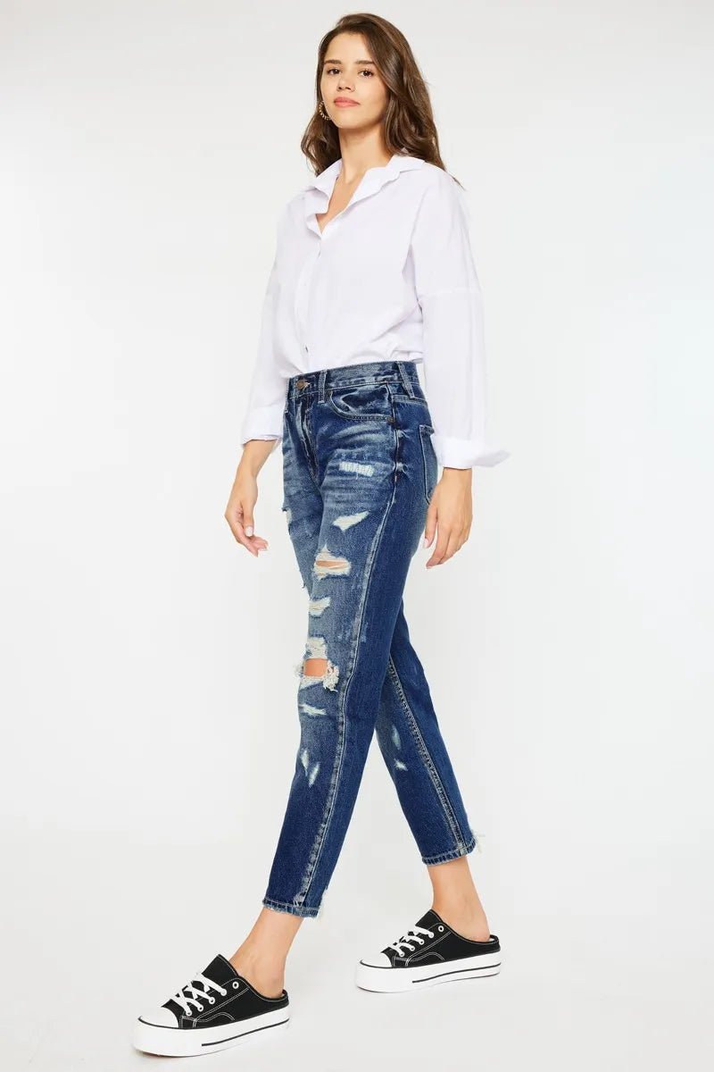Kancan High Rise Distressed Mom Fit Jeans - Blu Lotus Boutique