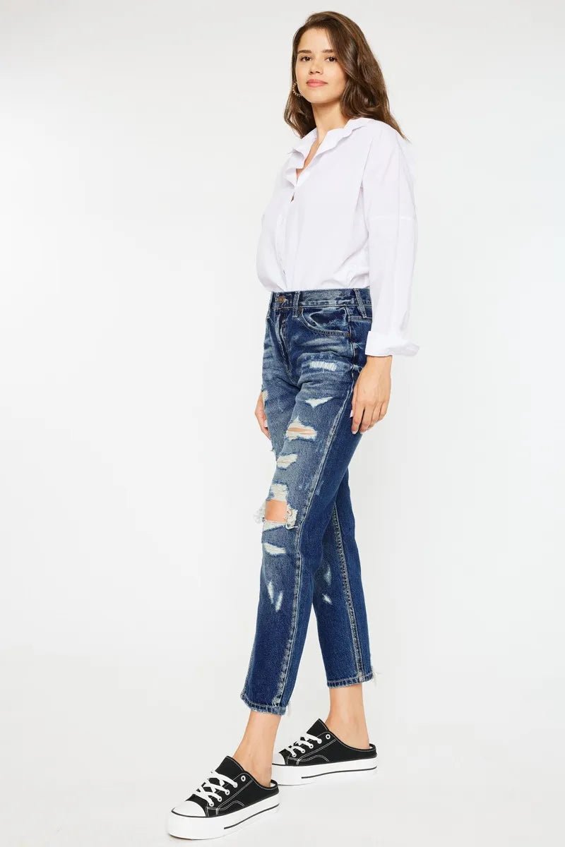 Kancan High Rise Distressed Mom Fit Jeans - Blu Lotus Boutique