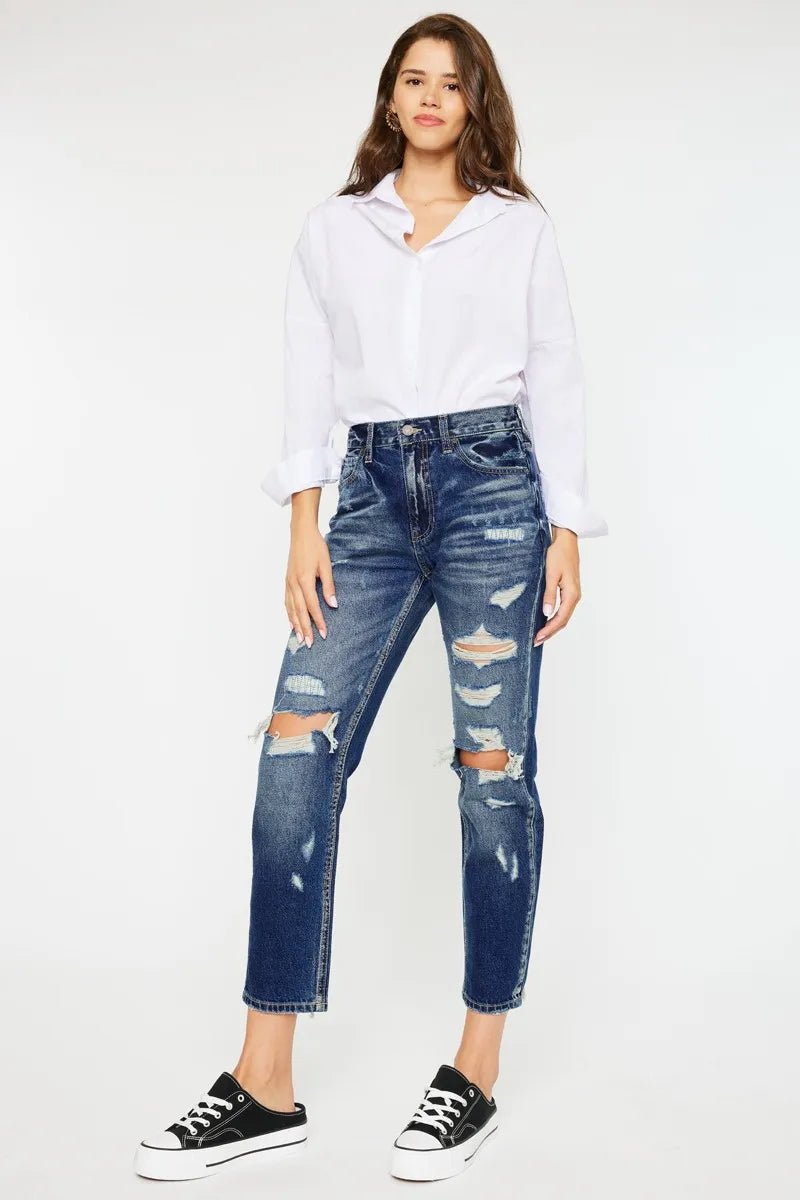 Kancan High Rise Distressed Mom Fit Jeans - Blu Lotus Boutique