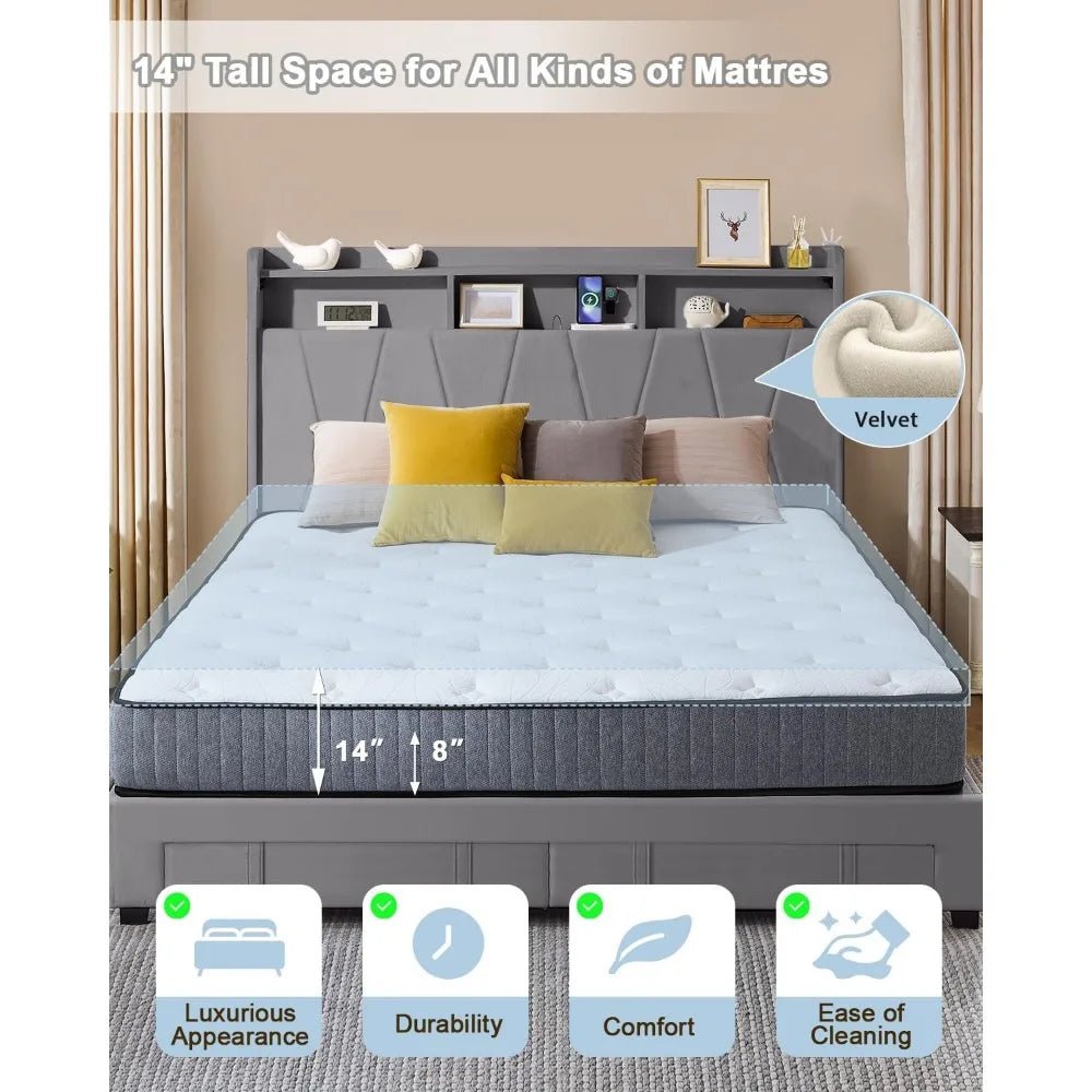 King Size Bed Frame, Velvet Upholstered LED Platform Bed with Headboard Storage, King Bed Frame Built - in Charging Station with 2 - Blu Lotus Boutique