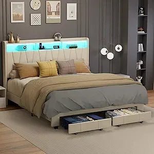 King Size Bed Frame, Velvet Upholstered LED Platform Bed with Headboard Storage, King Bed Frame Built - in Charging Station with 2 - Blu Lotus Boutique