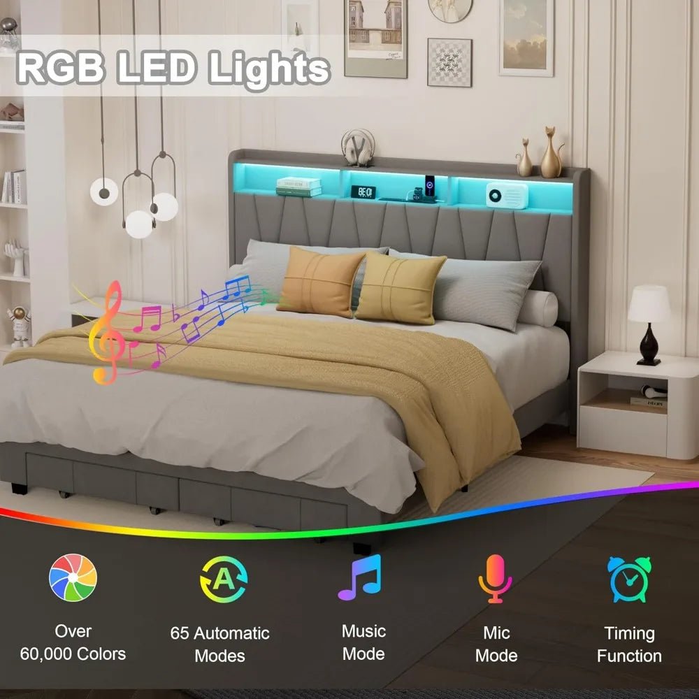 King Size Bed Frame, Velvet Upholstered LED Platform Bed with Headboard Storage, King Bed Frame Built - in Charging Station with 2 - Blu Lotus Boutique
