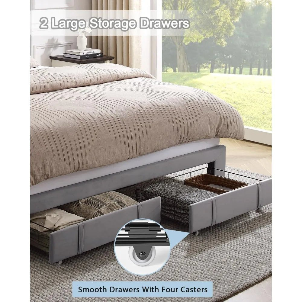 King Size Bed Frame, Velvet Upholstered LED Platform Bed with Headboard Storage, King Bed Frame Built - in Charging Station with 2 - Blu Lotus Boutique