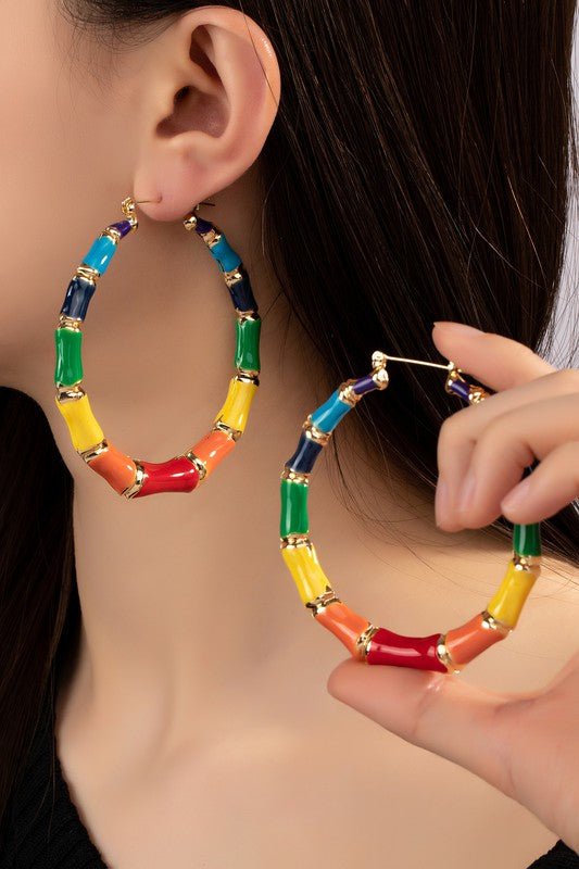 Large multi color enamel bamboo hoop earrings - Blu Lotus Boutique