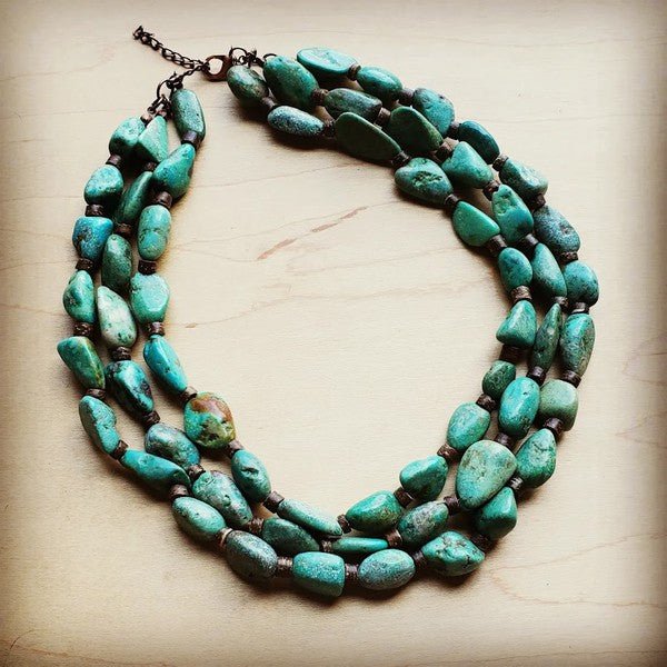 Large Triple Strand Natural Turq. & Wood Necklace - Blu Lotus Boutique